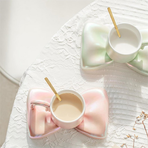 bowknot design ceramic coffee cups and saucers