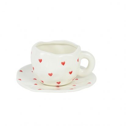 hand-painted ceramic cup with saucer red hearts