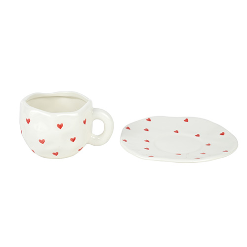 ceramic cup with saucer with red hearts