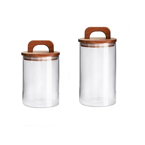 glass storage jar set with wood handle-lid