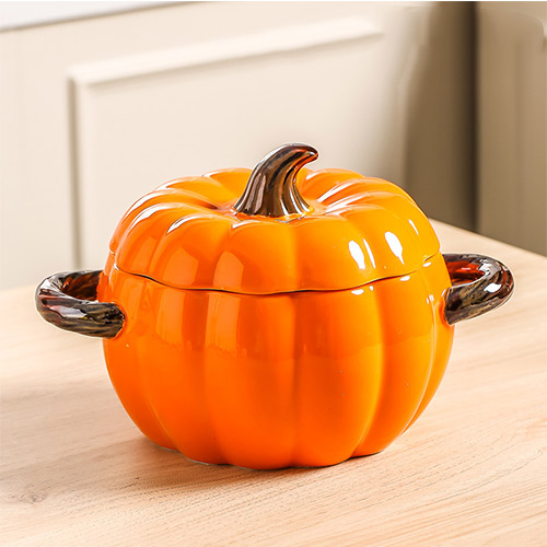 ceramic pumpkin-shaped serving bowls with lid and handle