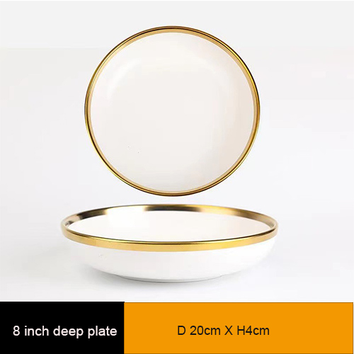 white ceramic dinner deep plate with gold rim