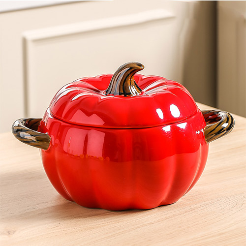 ceramic pumpkin-shaped serving dishes with lid and handle