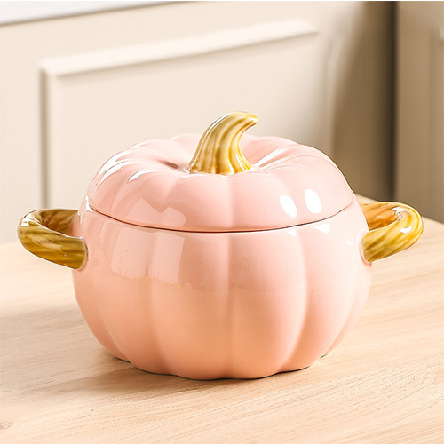 ceramic pumpkin-shaped serving bowls with lid and handle