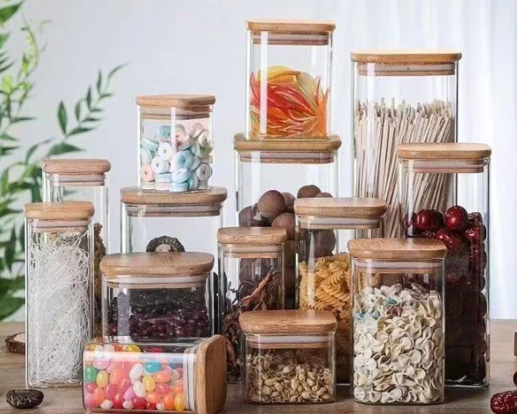 square glass storage jar with bamboo lid